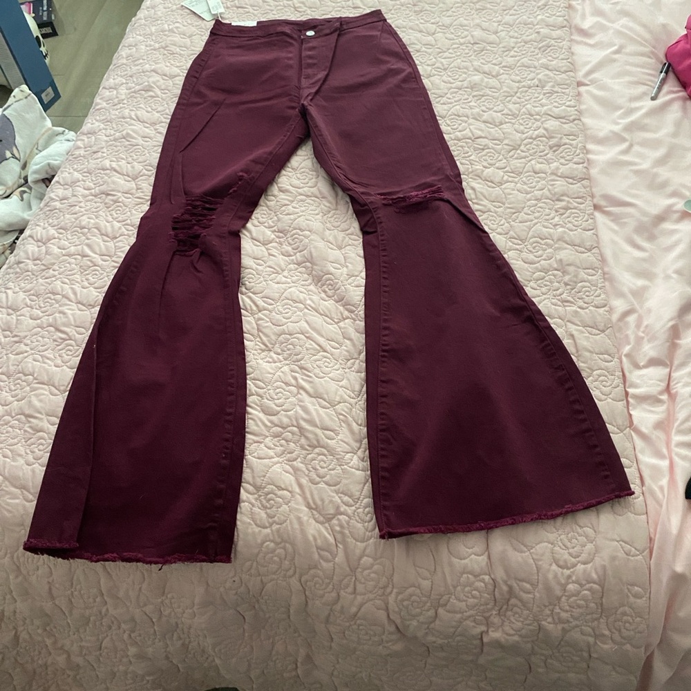 Burgundy Flared Distressed Jeans